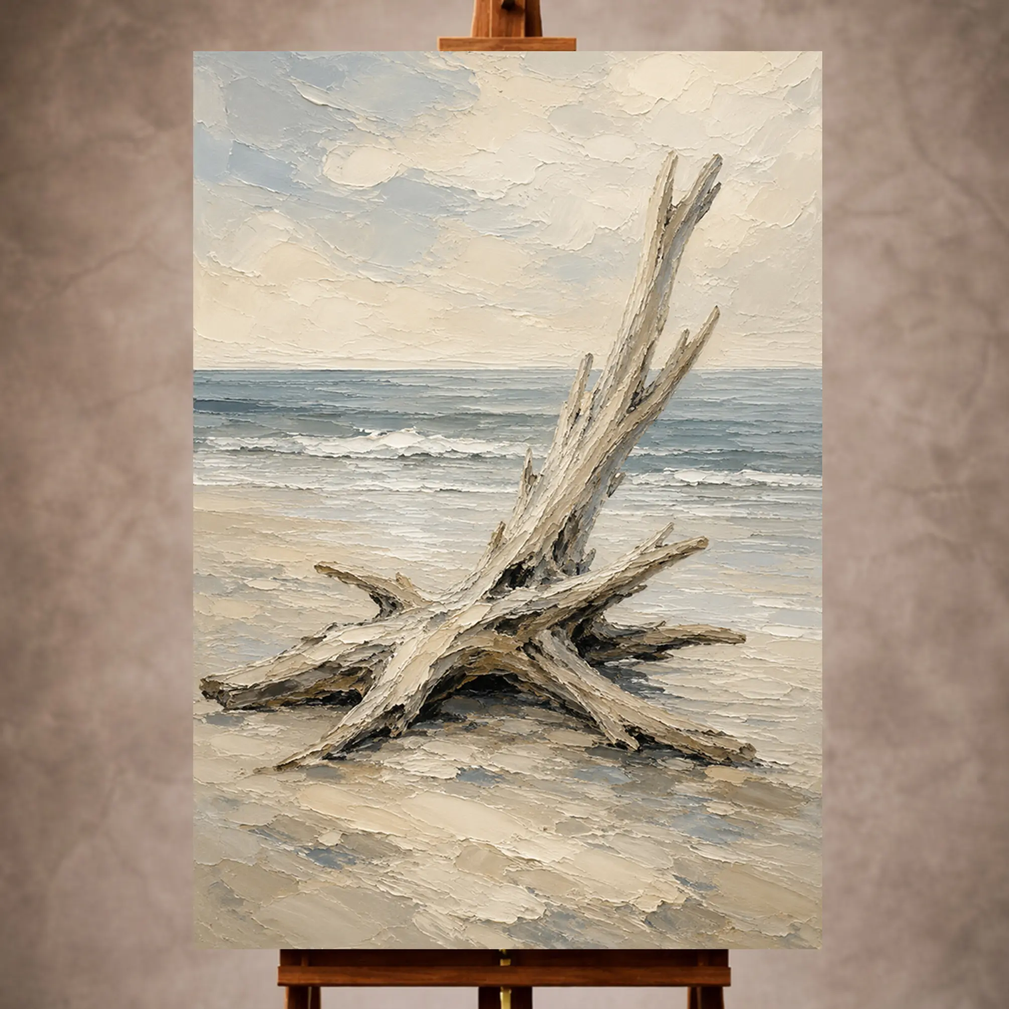 Premium Wall Art Dikey Html Edition – LVNGRM059 Image 1 Weathered beige Living Room Wall Art print featuring sculptural driftwood beside a blue-gray shoreline for refined coastal interiors