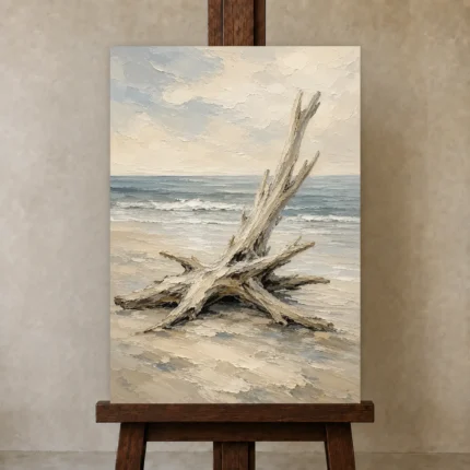 Weathered Driftwood Coastal Living Room Wall Art Canvas Print shown in Studio Easel