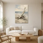 Weathered Driftwood Coastal Living Room Wall Art Canvas Print styled in a refined neutral interior