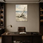 Weathered Driftwood Coastal Living Room Wall Art Canvas Print displayed in a contemporary gallery-inspired room