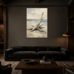 Weathered Driftwood Coastal Living Room Wall Art Canvas Print shown in a warm modern interior