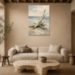 Weathered Driftwood Coastal Living Room Wall Art Canvas Print presented in a sophisticated home setting