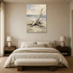 Weathered Driftwood Coastal Living Room Wall Art Canvas Print showcased in an elegant minimalist interior