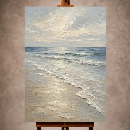Pearl and blue-gray Living Room Wall Art print featuring soft surf dissolving across smooth sand for elegant coastal interiors