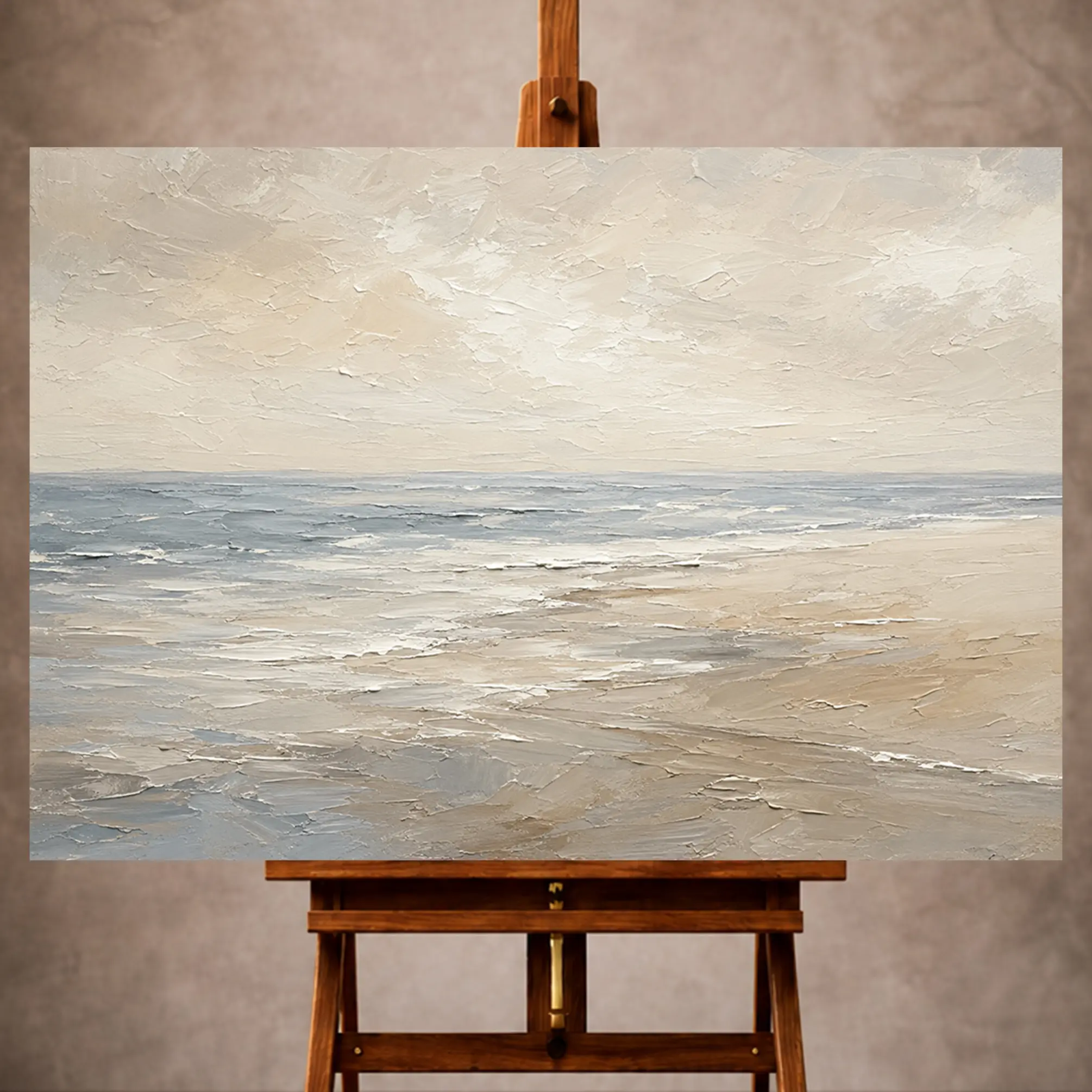 Premium Wall Art Yatay Html Edition – LVNGRM061 Image 1 Serene blue-gray Living Room Wall Art print featuring a wide sea horizon, pale sand, and ivory sky for elegant coastal interiors