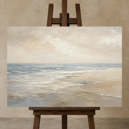 Serene Blue-Gray Coastal Horizon Living Room Wall Art Canvas Print displayed on a studio easel