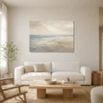 Serene Blue-Gray Coastal Horizon Living Room Wall Art Canvas Print styled in a refined neutral interior
