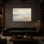 Serene Blue-Gray Coastal Horizon Living Room Wall Art Canvas Print shown in a warm modern interior