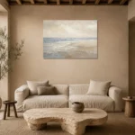 Serene Blue-Gray Coastal Horizon Living Room Wall Art Canvas Print presented in a sophisticated home setting