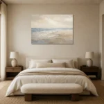 Serene Blue-Gray Coastal Horizon Living Room Wall Art Canvas Print showcased in an elegant minimalist interior