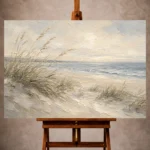 Airy sand and pale sage Living Room Wall Art print featuring windswept dunes, beach grass, and a blue-gray shoreline for refined coastal interiors