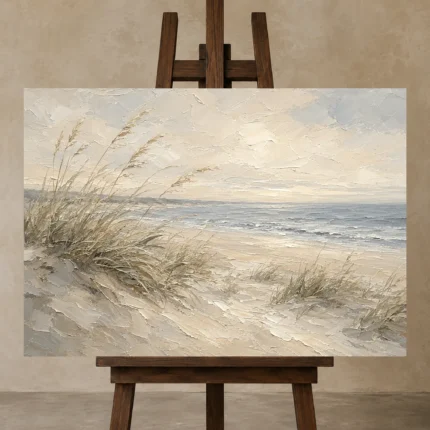 Windswept Dunes Coastal Living Room Wall Art Canvas Print displayed on a studio easel