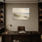 Windswept Dunes Coastal Living Room Wall Art Canvas Print displayed in a contemporary gallery-inspired room
