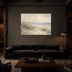 Windswept Dunes Coastal Living Room Wall Art Canvas Print shown in a warm modern interior