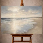 Pearl and blue-gray Living Room Wall Art print featuring a curved tide line reflected across smooth wet sand for elegant coastal interiors