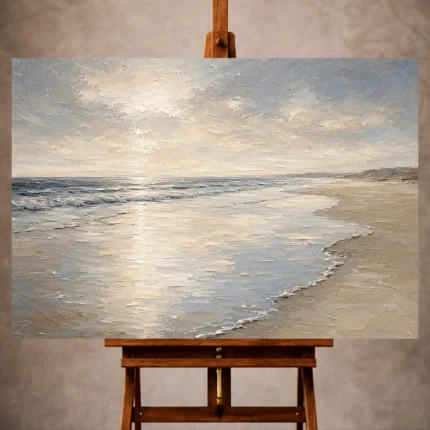Pearl and blue-gray Living Room Wall Art print featuring a curved tide line reflected across smooth wet sand for elegant coastal interiors