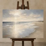 Pearl Tide Line Coastal Living Room Wall Art Canvas Print displayed on a studio easel