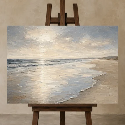 Pearl Tide Line Coastal Living Room Wall Art Canvas Print displayed on a studio easel