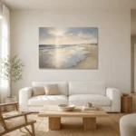 Pearl Tide Line Coastal Living Room Wall Art Canvas Print styled in a refined neutral interior