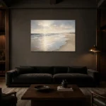 Pearl Tide Line Coastal Living Room Wall Art Canvas Print shown in a warm modern interior