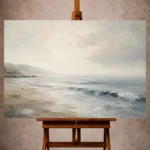 Misty blue-gray Living Room Wall Art print featuring a broad shoreline, subtle surf, and expansive ivory sky for elegant coastal interiors