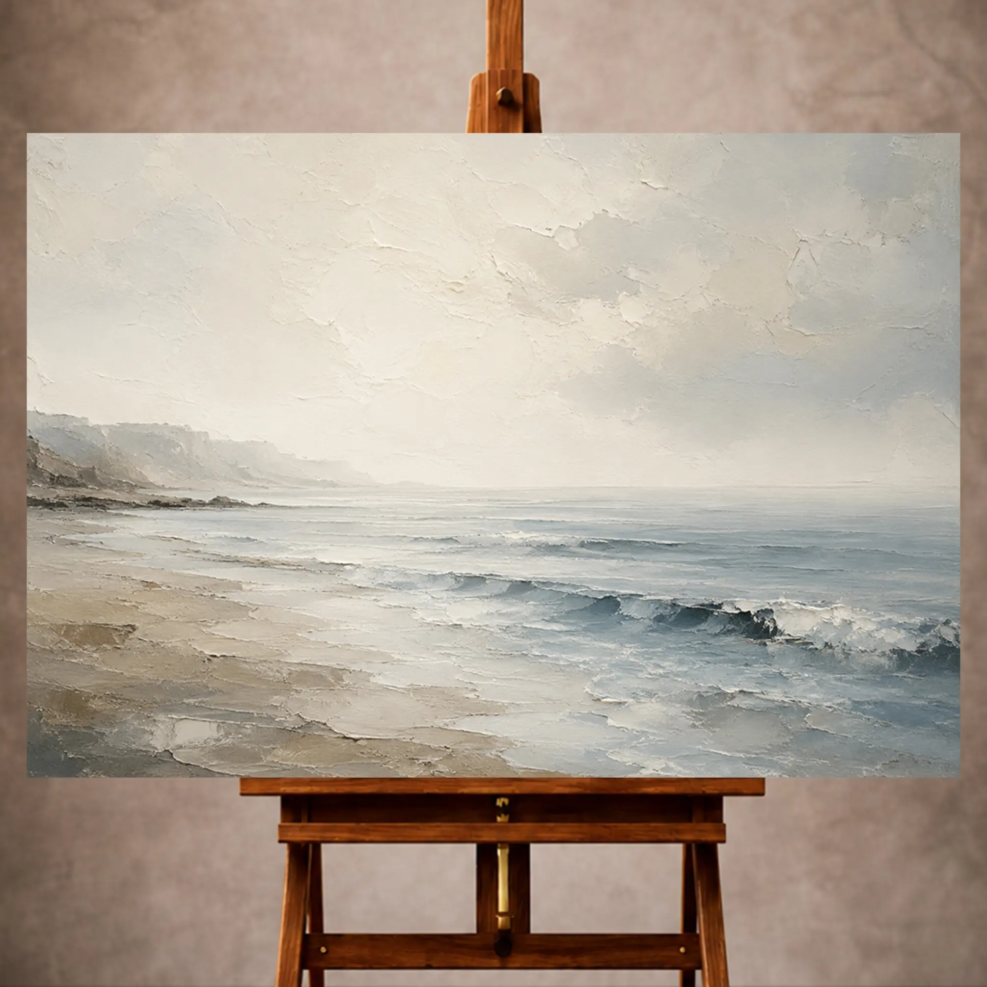 Premium Wall Art Yatay Html Edition – LVNGRM064 Image 1 Misty blue-gray Living Room Wall Art print featuring a broad shoreline, subtle surf, and expansive ivory sky for elegant coastal interiors
