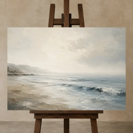 Misty Shoreline Coastal Living Room Wall Art Canvas Print displayed on a studio easel