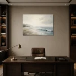 Misty Shoreline Coastal Living Room Wall Art Canvas Print displayed in a contemporary gallery-inspired room