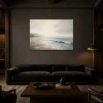 Misty Shoreline Coastal Living Room Wall Art Canvas Print shown in a warm modern interior