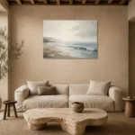 Misty Shoreline Coastal Living Room Wall Art Canvas Print presented in a sophisticated home setting