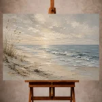 Weathered sand and blue-gray Living Room Wall Art print featuring gentle surf and a panoramic shoreline for elegant coastal interiors