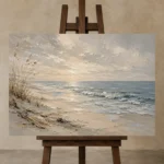 Weathered Shoreline Coastal Living Room Wall Art Canvas Print displayed on a studio easel