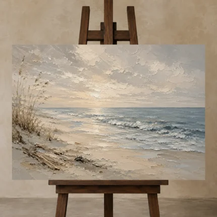 Weathered Shoreline Coastal Living Room Wall Art Canvas Print displayed on a studio easel