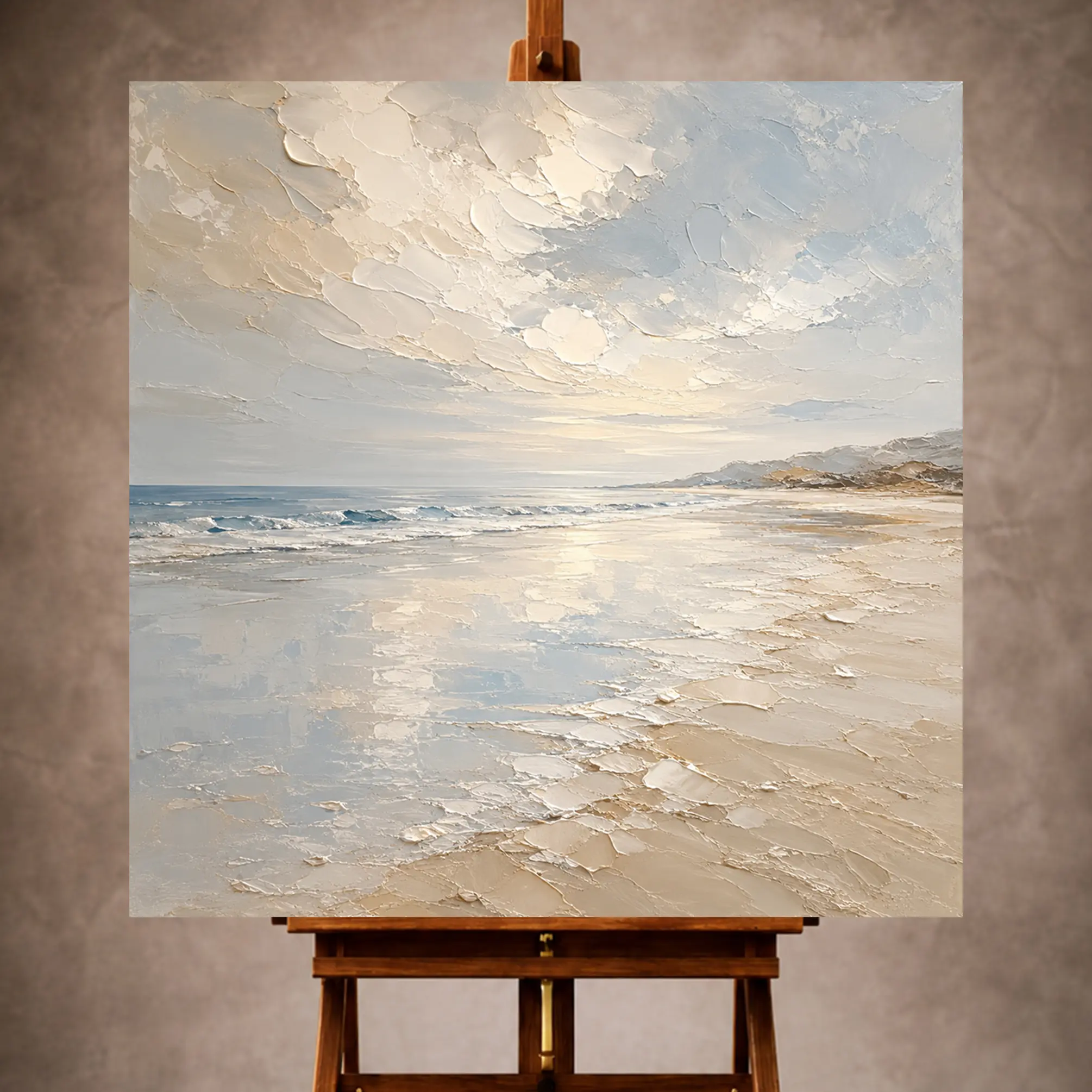 Premium Wall Art Kare Html Edition – LVNGRM066 Image 1 Pearl and blue-gray Living Room Wall Art print featuring a glassy shoreline, pale sand, and luminous horizon light for elegant coastal interiors