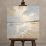 Pearl Horizon Coastal Living Room Wall Art Canvas Print displayed on a studio easel