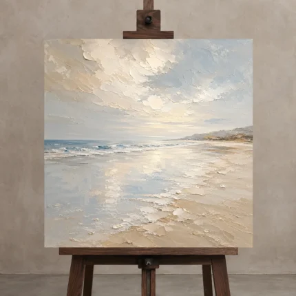 Pearl Horizon Coastal Living Room Wall Art Canvas Print displayed on a studio easel