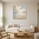 Pearl Horizon Coastal Living Room Wall Art Canvas Print styled in a refined neutral interior
