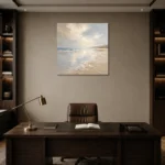 Pearl Horizon Coastal Living Room Wall Art Canvas Print displayed in a contemporary gallery-inspired room