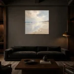 Pearl Horizon Coastal Living Room Wall Art Canvas Print shown in a warm modern interior