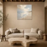 Pearl Horizon Coastal Living Room Wall Art Canvas Print presented in a sophisticated home setting