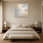 Pearl Horizon Coastal Living Room Wall Art Canvas Print showcased in an elegant minimalist interior