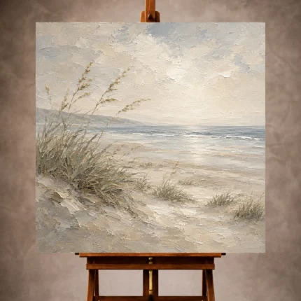 Sand and muted sage Living Room Wall Art print featuring windswept dune grass, a distant sea, and an airy ivory sky for elegant coastal interiors