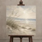 Windswept Dune Grass Coastal Living Room Wall Art Canvas Print displayed on a studio easel