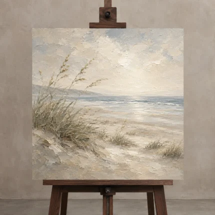 Windswept Dune Grass Coastal Living Room Wall Art Canvas Print displayed on a studio easel