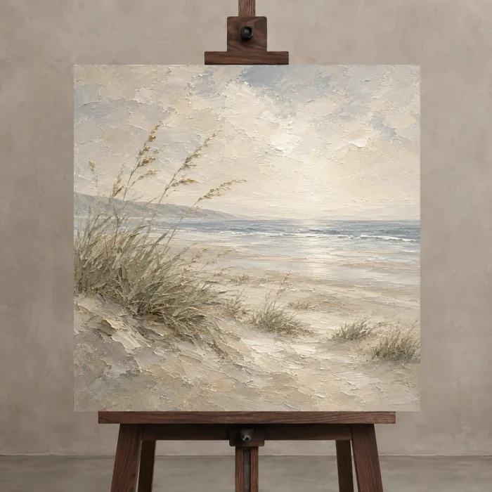 Windswept Dune Grass Coastal Living Room Wall Art Canvas Print displayed on a studio easel