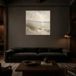 Windswept Dune Grass Coastal Living Room Wall Art Canvas Print shown in a warm modern interior