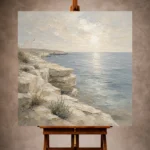 Weathered stone and blue-gray Living Room Wall Art print featuring a limestone shoreline and calm sea for elegant coastal interiors
