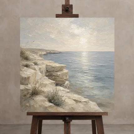 Weathered Limestone Coastal Living Room Wall Art Canvas Print displayed on a studio easel