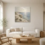 Weathered Limestone Coastal Living Room Wall Art Canvas Print styled in a refined neutral interior