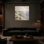 Weathered Limestone Coastal Living Room Wall Art Canvas Print shown in a warm modern interior